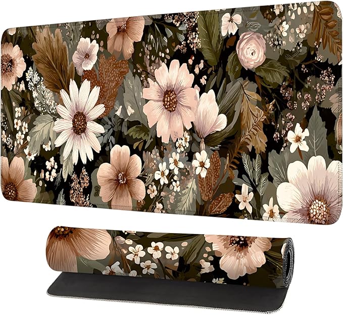 Vintage Beige Floral Mouse Pad – Large Extended Desk Mat 31.5 x 11.8 in– Neutral Retro Botanical Design, Non-Slip Rubber Base, Waterproof Surface, Oversized Keyboard & Mouse Pad for Office or Home