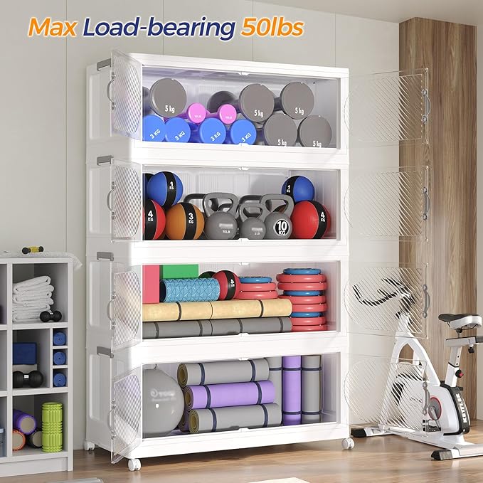 960QT Extra Large Stackable Storage Bins with Lid & Wheels & Doors, 240Gal Foldable Collapsible Closet Organizers, Plastic Cabinet Box Container Drawer for Home Kitchen Bedroom, 6Pack White