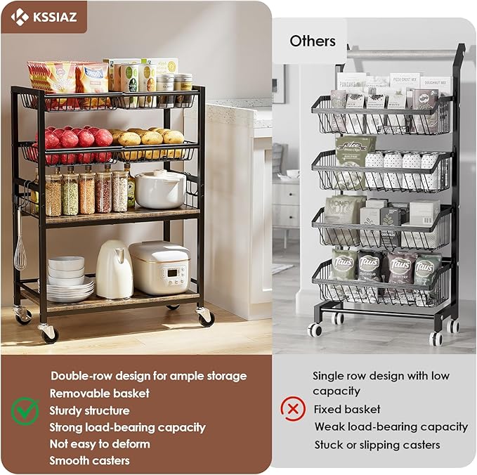 Kitchen Storage Cart, 4 Tier Utility Rolling Snack Cart, Fruit & Vegetables Basket Stand, Pantry Storage with 4 Detachable Mesh Basket for Kitchen, Bathroom, Living Room, Office, Balcony, Black
