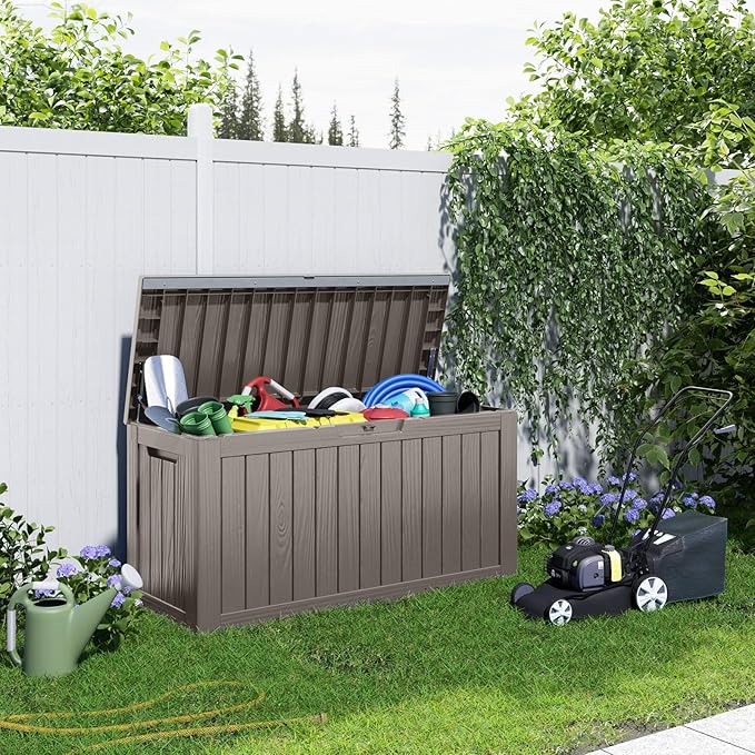 86 Gallon Outdoor Deck Box,Storage Lockable Waterproof Patio Furniture,Garden Tools,Cushions,Pool Accessories Outside Storage Resin Box(Grey)