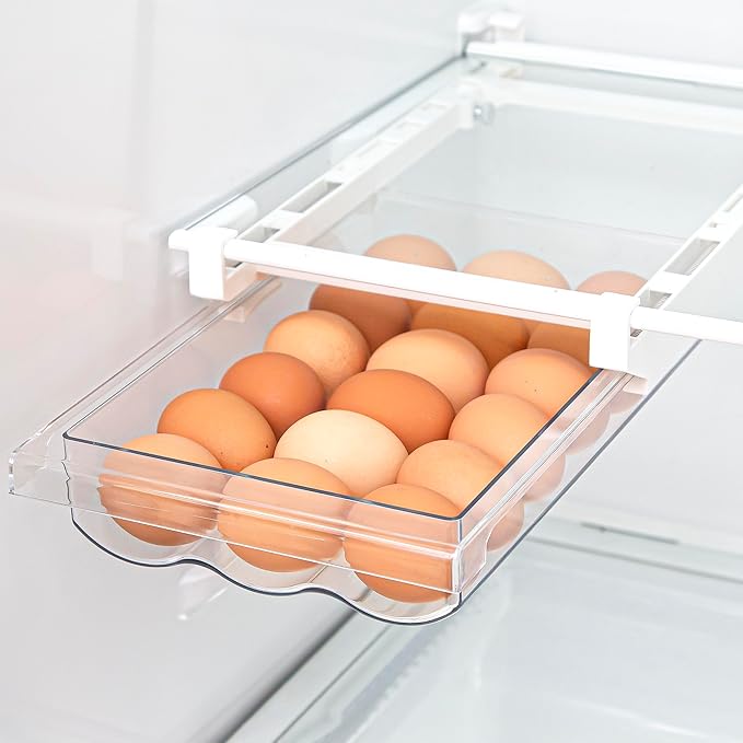 BINO | Pull-out Egg Holder Organizer | THE HANGER COLLECTION | Fridge Egg Drawer Organizer | Clear Egg Holder Tray for Refrigerator and Pantry | 18 Eggs Shelf Holder Storage Drawer
