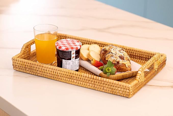 Hand-Woven Rattan Serving Tray with Handles for Breakfast, Drinks, Snack for Dining/Coffee Table (14.5 inch (37 cm), Rectangular)