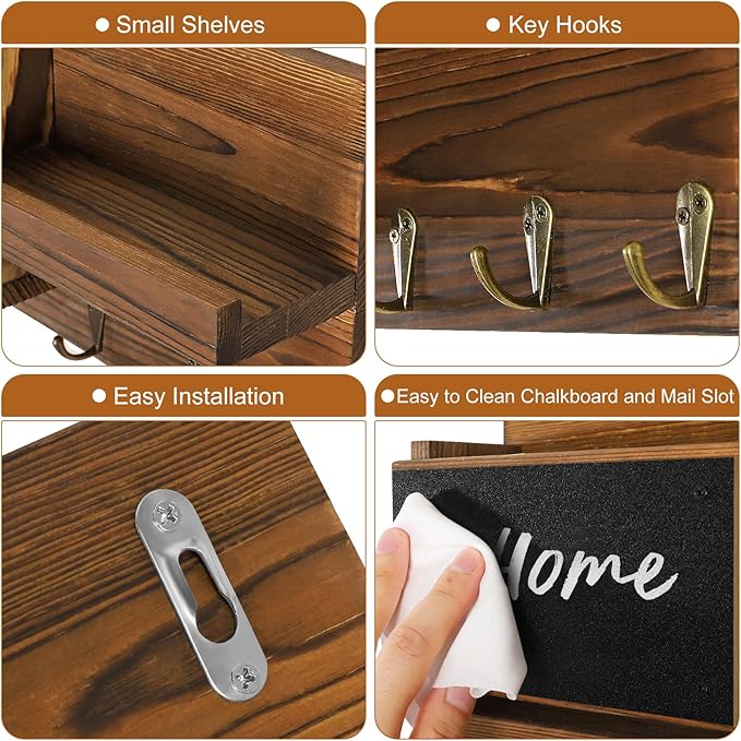 Decorative Key Hanging Rack with 8 Hooks – Easy Install Natural Wooden Key and Mail Holder for Wall Mount – Sunglasses Wallet Holder Entryway Decor with Shelf and Chalkboard (Brown)