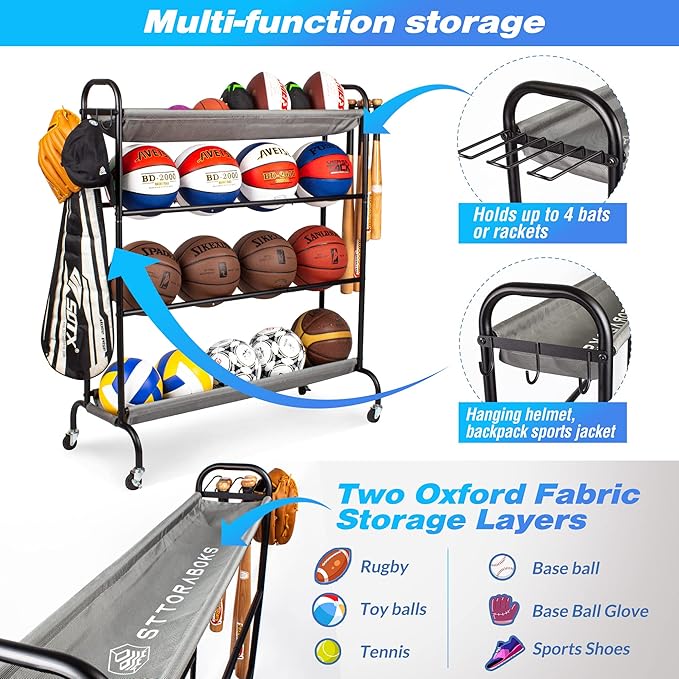 Basketball Rack, 4-Layer Ball Rack Rolling Balls Organizer with Baseball Bat Holder & Hooks Sport Equipment Storage Cart with Wheels for Football, Volleyball, Soccer