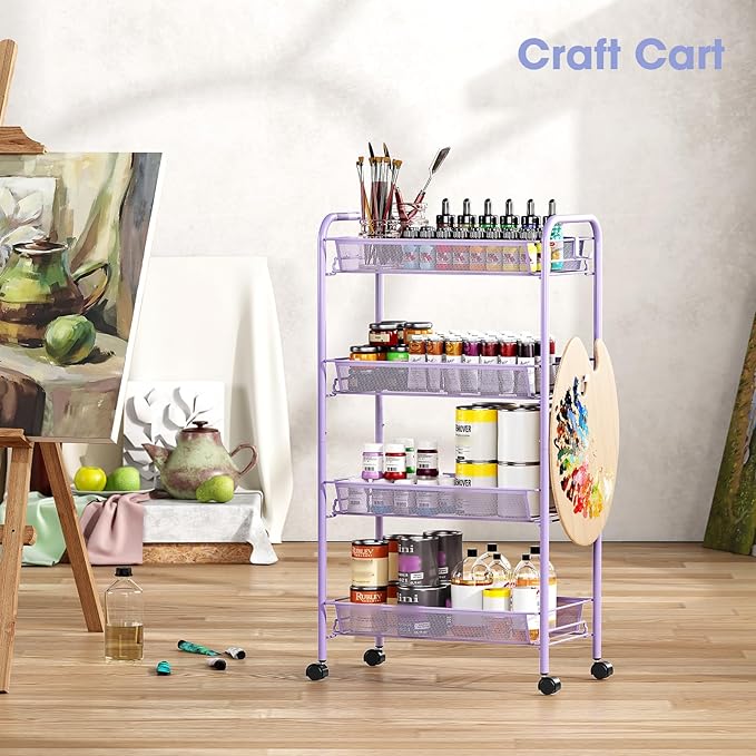 TOOLF 4-Tier Rolling Cart, Metal Utility Cart with 3 Hooks, Easy Assemble Mobile Storage Trolley On Wheels, Metal Shelving Units Kitchen Bathroom Laundry Room