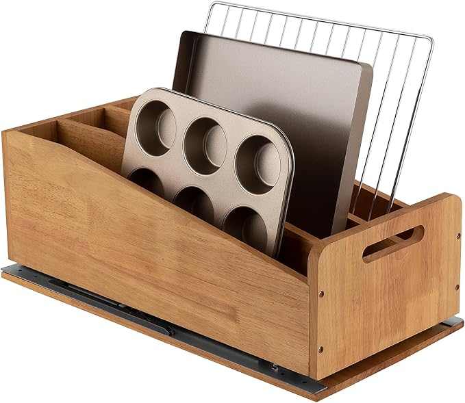 DINDON Pull Out Cabinet Organizer for Pans, Cookie Sheet, Bakeware, Cutting Board, Slide Out Kitchen Cabinet Storage Organizer Rack, 10.5''W X 21"D X 7.5"H, Wood