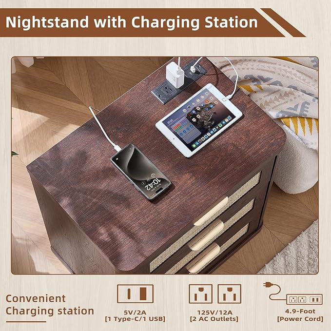 LEYAOYAO Rattan Night Stand Set of 2 with Charger Station, 23" Large 3 Drawer Boho Nightstand, Walnut Bedside Table Storage Cabinet, Bed Side End Tables for Bedroom, Living Room, Hallway