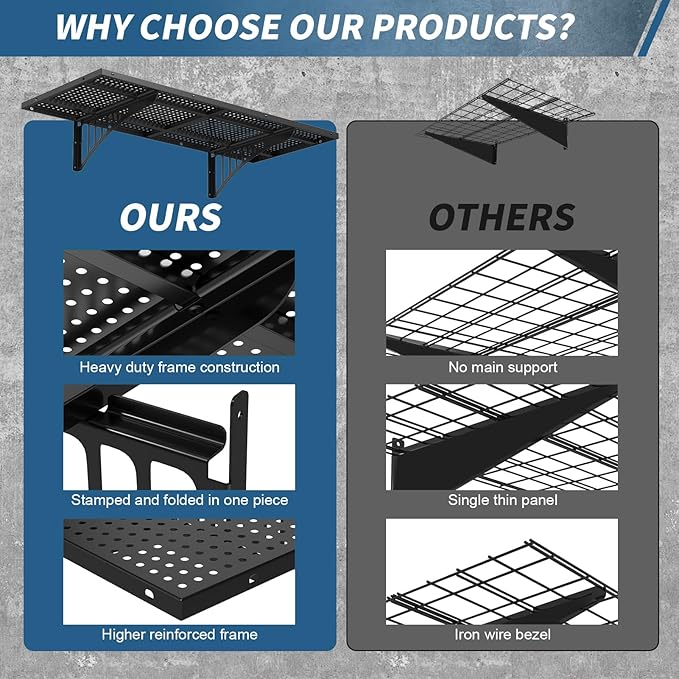 Garage Wall Shelving Heavy Duty, 43.3" Floating Shelves 264lbs Capacity, Garage Wall-Shelf with Adjustable Rails for Wood Stud and Concrete Walls, Metal Shelves for Storage Organization