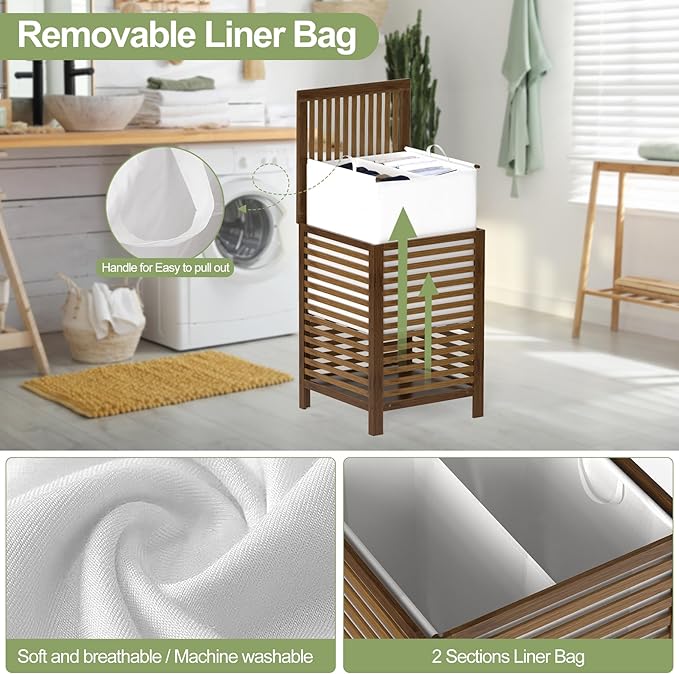 Bamboo Laundry Hamper with Lid, 120L Large Double Laundry Basket with Removable Liner Bag, 2-Section Clothes Laundry Sorter for Bedroom, Bathroom, Laundry Room,18.5 x 18.5 x 25.6 IN, Walnut