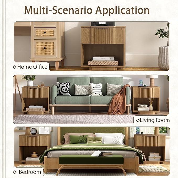 Yechen Fluted Nightstands Set of 2 with 20W Fast Charging Station - Large Wood Night Stands with Drawer & Shelf, Modern Wide Bedside End Tables for Bedroom with Curved Profile Base, Natural Oak