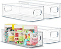 primebox Plastic Food Storage 4 Pack Clear Container Bin with Handles for Organizing Kitchen, Pantry, Fridge, Freezer, Pantry,Bathroom. Stackable. 10"x4"3"