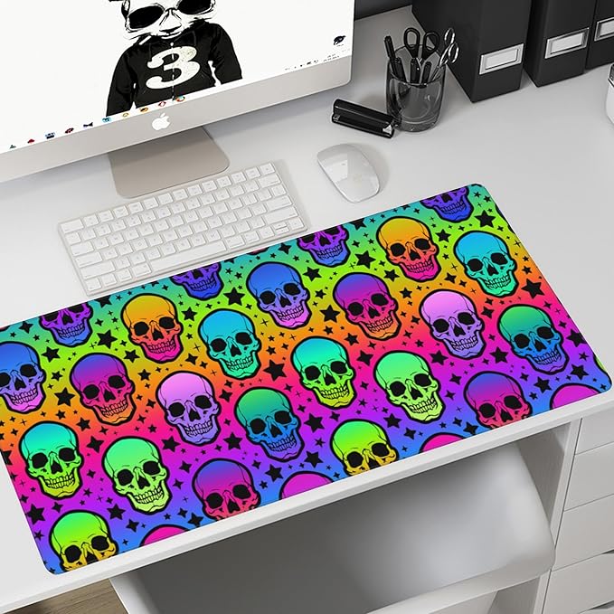 Desk Mat,Neon Skulls and Stars Extended Gaming Mouse Pad,Large Non-Slip Rubber Base Mousepad with Stitched Edges,Waterproof Mouse Mat Desk Pad for Office Game Home 35.4x15.75 in
