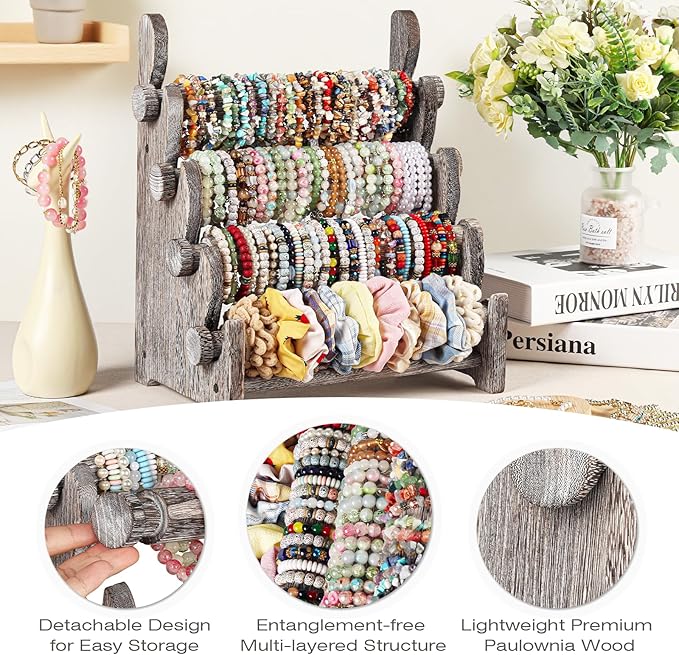 TOPNEW 4 Tier Wooden Bracelet Holder,Scrunchie Bangle Watch Necklace Display Storage Jewelry Holder Stand Display Organizer,Antique White
