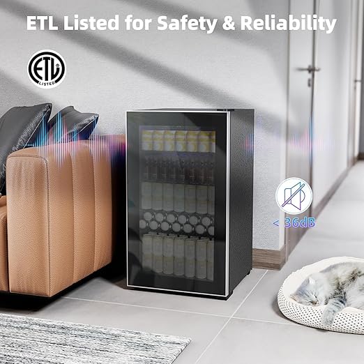 COWSAR Mini Fridge Cooler, 130 Can Beverage Refrigerator with Glass Door, ETL Approved Wine Fridge with Digital Temperature Control, LED Light, Reversible Door for Home, Office, Bar - 3.2 Cu.Ft