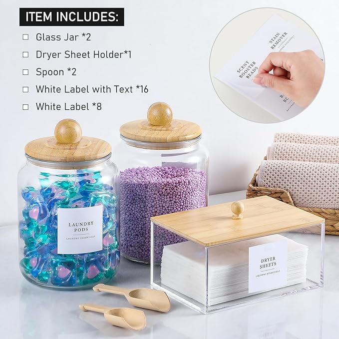 Glass Jars and Dryer Sheet Holder with Bamboo Lids, Dispenser Set and Labels, Containers for Laundry Room Organization and Storage, Half Gallon Airtight jars, Acrylic Storage Box for Laundry supplies