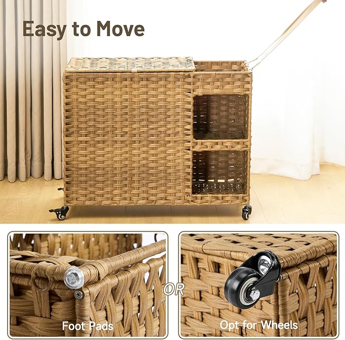 Laundry Hamper with Wheels, 42.3 Gal.(160 L) Laundry Sorter with Shelves, Rattan Clothes Hamper with 4 Removable Liners & 3 Mesh Bags, Handwoven Organizer for bedroom, bathroom, laundry room, Natural