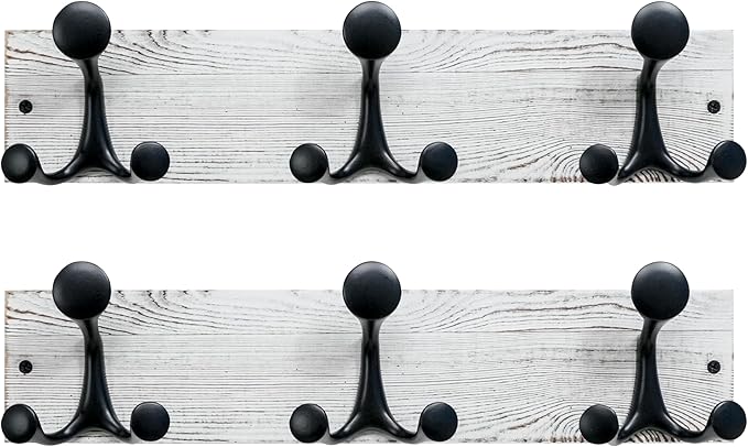 SKOLOO 17-Inch Wood Coat Rack Wall Mount with 3 Triple Hooks - Ideal for Family Entrances, Classrooms, and Pet Supplies Storage - Perfect Coat Hooks for Wall,Distressed White Wash, Pack of 2