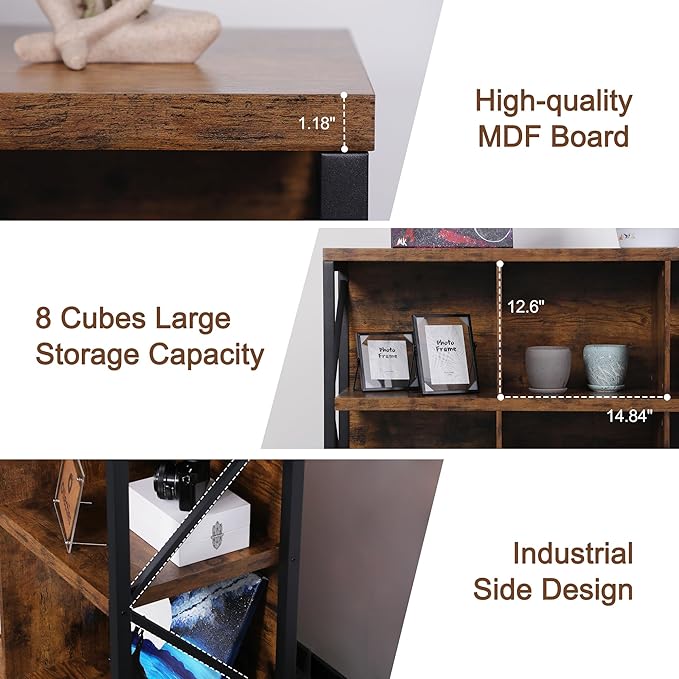 otlectics 2-Tier Bookcase with 8 Cubes, 63 Inch Industrial Horizontal Bookshelf, Home Office Storage Cabinet Organizer with Metal Legs, Rustic Brown