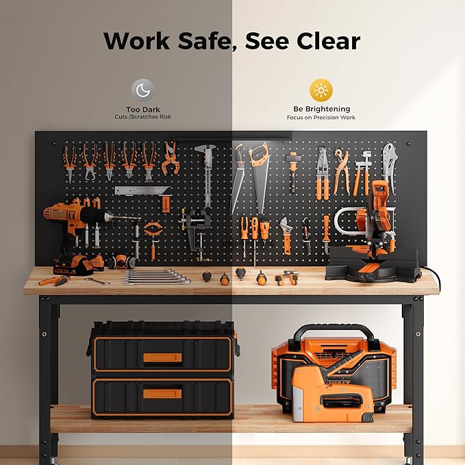 60" Work Bench Adjustable Height with Storage Shelf, Max Load 2000 LBS Heavy Duty Rubberwood Tabletop with Pegboard, LED Light, Built-in Power Strip for Woodworking Shop, Garage, Home