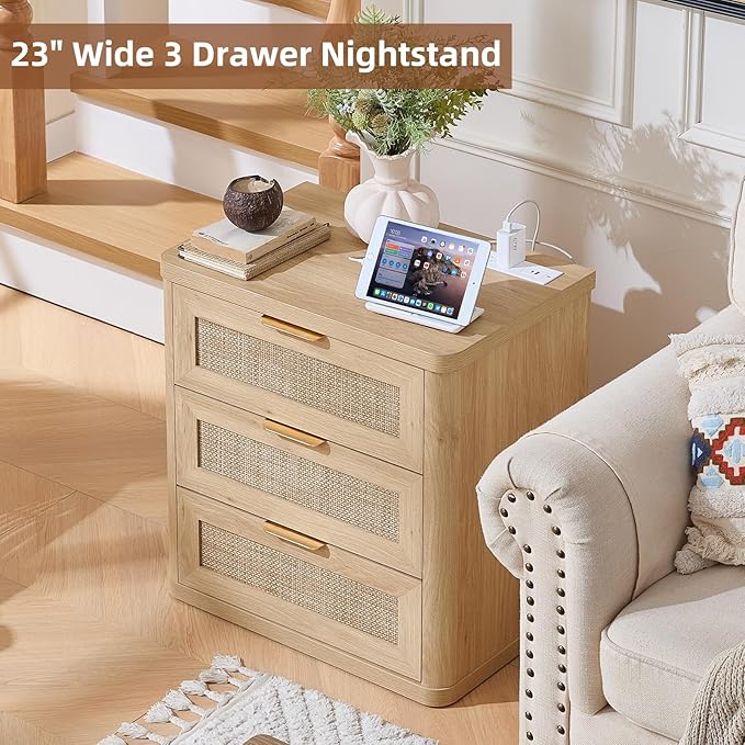 LEYAOYAO Rattan Night Stand Set of 2 with Charger Station, 23" Large 3 Drawer Boho Nightstand, Natural Wood Bedside Table Storage Cabinet, Bed Side End Tables for Bedroom, Living Room, Hallway