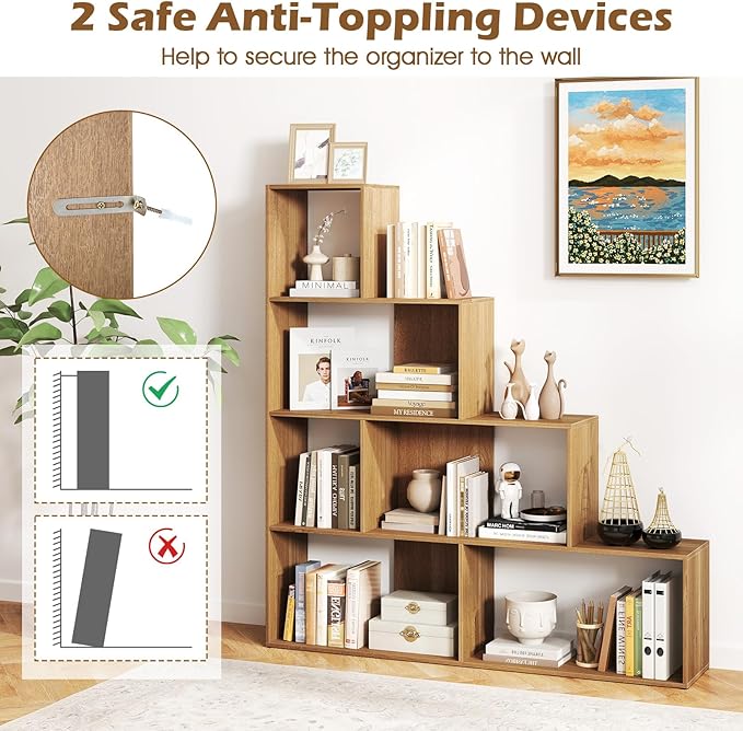 Tangkula 4-Tier Stepped Bookshelf, Freestanding 6 Cubes Ladder Bookcase with Anti-Tipping Kits, 64" Tall Modern Wooden Storage Display Rack for Home Office Living Room Study (2, Natural)