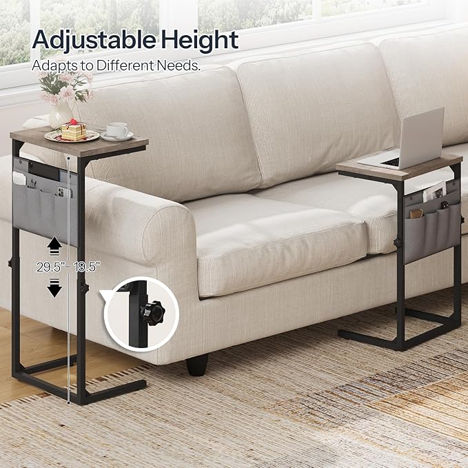 HOOBRO C Shaped End Table, 29.5’’ Adjustable Height Side Table with Storage Pockets, Couch Table Slide Under for Sofa, Small Space, for Living Room, Bedroom, Greige and Black BG77SF01