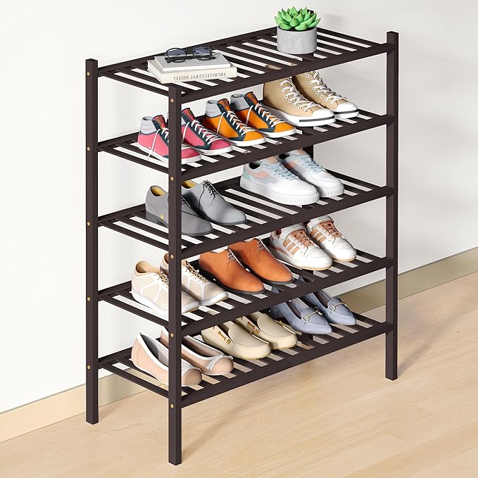 Smiry Bamboo Shoe Rack for Closet, 5 Tier Wooden Stackable Shoe Organizer, Free Standing Shoes Storage Shelf for Entryway, Front Door Entrance, Brown