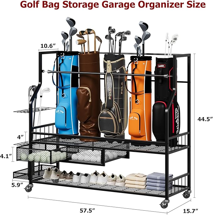 Golf Bag Storage Rack on Wheels, Mobile 5-Bag Organizer with Accessory Drawer for Golf Bag and Equipment Accessories Garage, Home, Basement