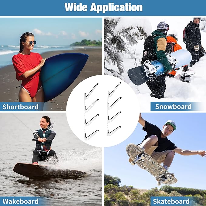 4 Board Surf Rack Wall Mount for Surfboard, Wakeboard, Snowboard Storage Adjustable Wall Hangers Boards Display White