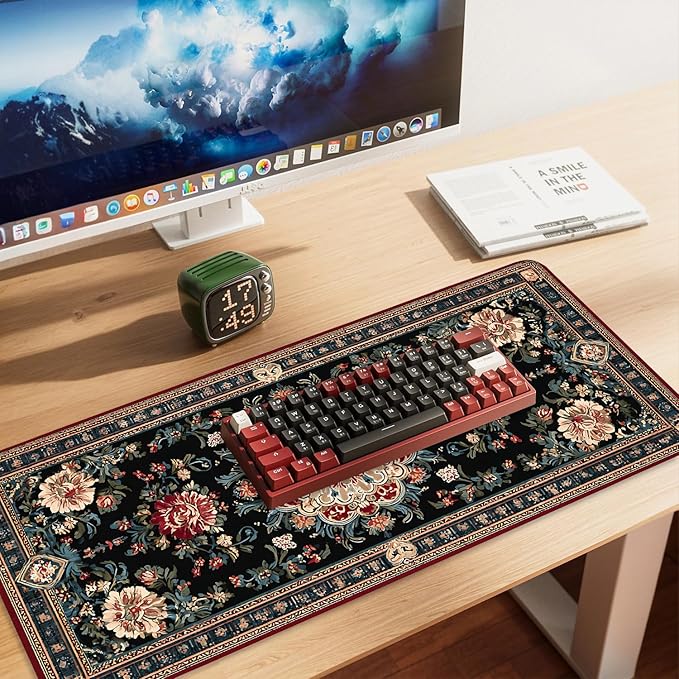 Vintage Persian Carpet Mouse Pad – Large Extended Desk Mat 35.43 x 15.75 in – Oriental Floral Rug Design, Non-Slip Rubber Base, Stitched Edges, Soft Keyboard & Mouse Mat for Office or Gaming
