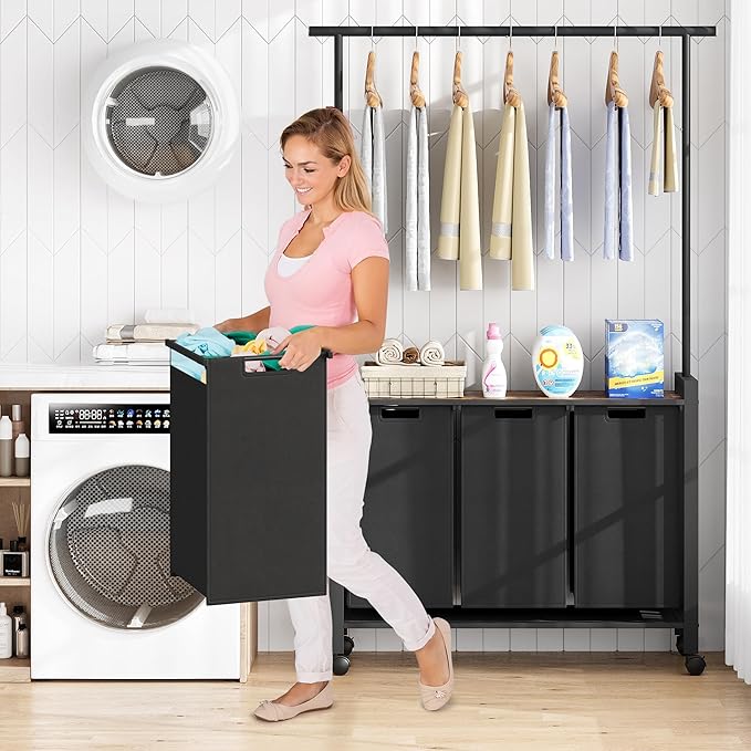 IDEALHOUSE Laundry Sorter, Rolling Laundry Hamper with Hanging Rack, Laundry Hamper 3-Section with Wheels, Hampers for Laundry, Laundry Basket Organizer for Laundry Room, Rustic Brown
