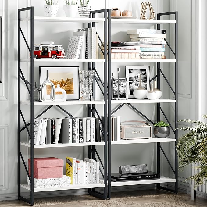 Vongrasig 5 Tier Bookshelf, Modern Tall Bookcase, Industrial Book Shelves Display Standing Shelf, Free Standing Storage Organizer for Bedroom, Living Room, White