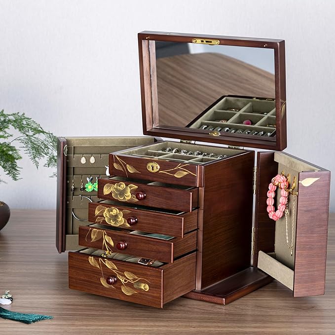 Wooden jewelry case Jewelry Box for Women Large Wood Organizer with Drawers and Mirror for Rings,Earrings, Necklaces,watches,jewelry boxes & organizers, Jewelry Boxes
