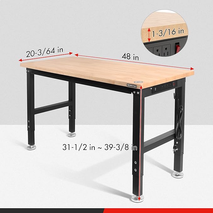 WORKPRO 48" Adjustable Workbench, Rubber Wood Top Heavy-Duty Workstation, 2000 LBS Load Capacity Hardwood Worktable with Power Outlets, for Workshop, Garage, Pack of 2
