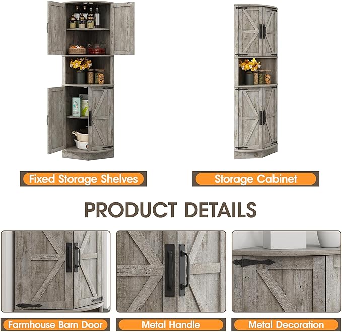 Vabches 64.8" Tall Farmhouse Corner Cabinet with 4 Doors and 5 Storage Shelves, Farmhouse Storage Cabinet with Barn Door Design, Home Space Saver for Living Room, Kitchen, Laundry Room,Grey