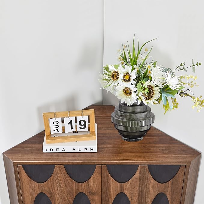 Small Corner Cabinet,Corner Floor Cabinet with Adjustable Doors and Shelve, Freestanding Narrow Storage Organizer for Kitchen Living Room Bathroom (Walnut and Black)