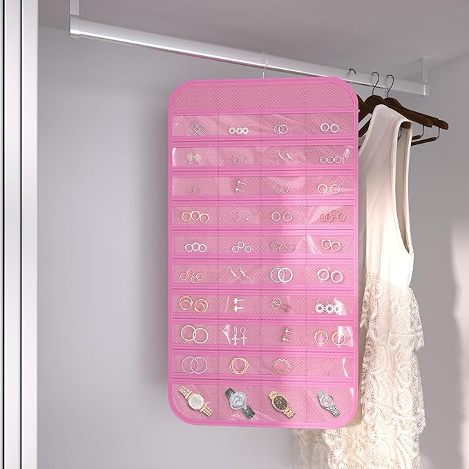 Hanging Jewelry Organizer Storage, 40 Pockets 36 Hooks Necklace Earring Necklace Bracelet Ring Organizer, Double - Sided Design, Pink