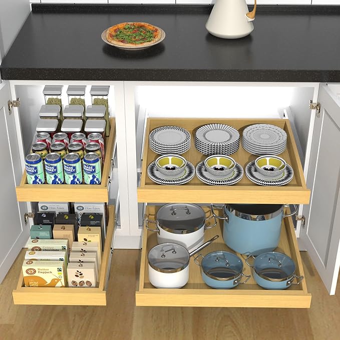 Wooden Pull out Cabinet Organizer 17" W x 21" D x 3.35" H, Heavy Duty Slide Out Drawers Pull-Out Home Organizers for Kitchen Cabinets