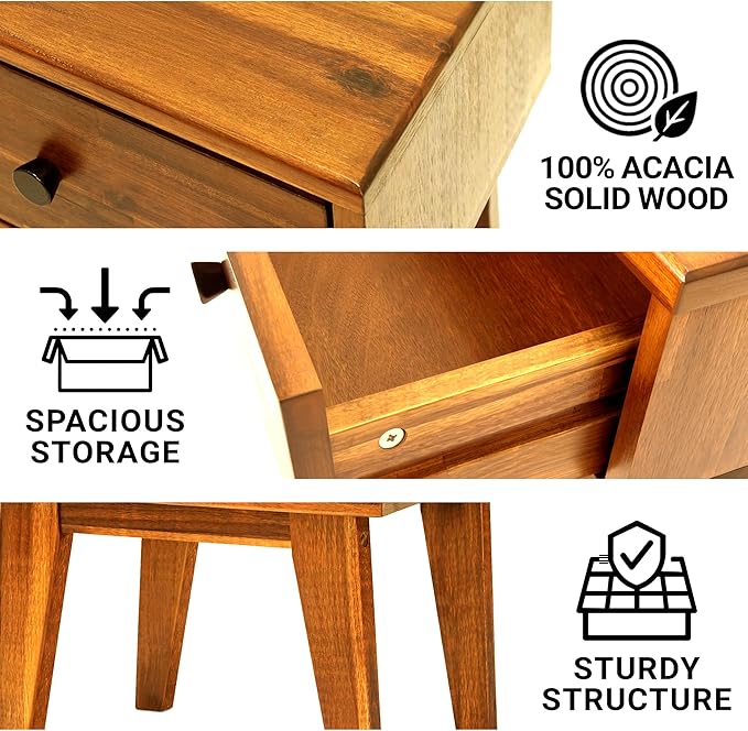 Acacia Sofia Nightstand with Drawer, Bedside Table, Solid Wood Bedside End Table with Drawer and Storage Space for Bedroom, Caramel
