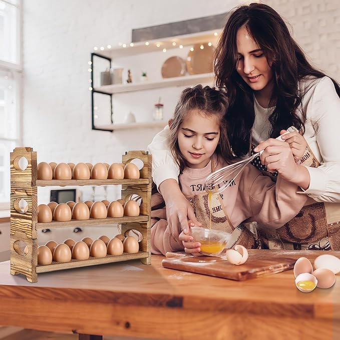 Wooden Egg Holder & Storage-3Tier /36-Hole Stackable Holds Fresh Eggs, Farmhouse Eggs Rack Wood, Rustic Countertop Chicken Egg Organizer Wood with Distressed Finish for Home Kitchen Decoration