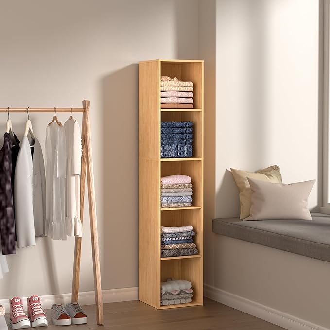 5 Cube Storage Organizer, 5 Tier Vertical Cube Bookcase Freestanding Storage Display Organizer for Home Office, Five Cubes Open Shelf Bookshelf (Oak, 5 Cube)
