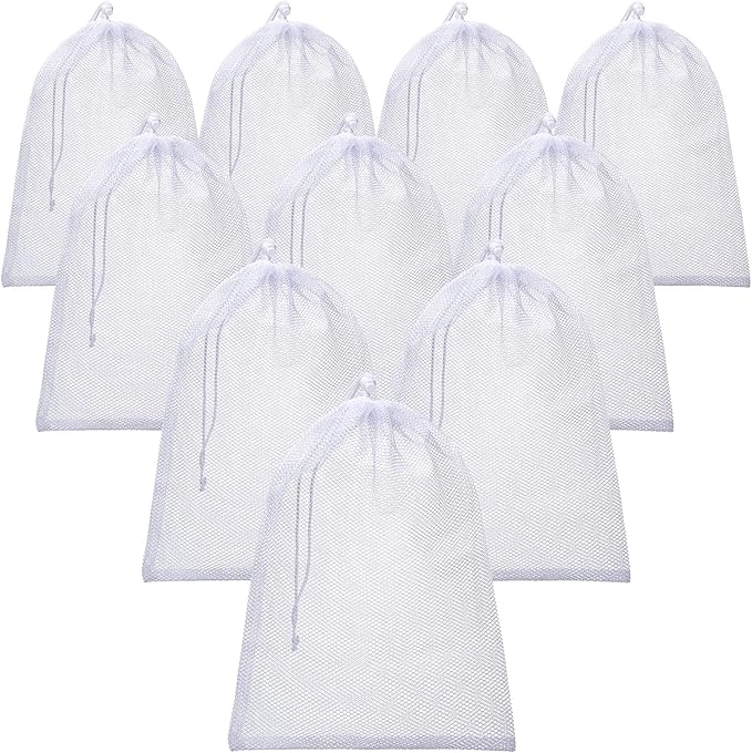 TecUnite 10 Pcs Mesh Bags Drawstring Laundry Bags Large Nylon Mesh Gift Dishwasher Bag with Sliding Drawstring for Kitchen Jewelry Gifts Wedding Favor Home(12 x 16 Inch,White)