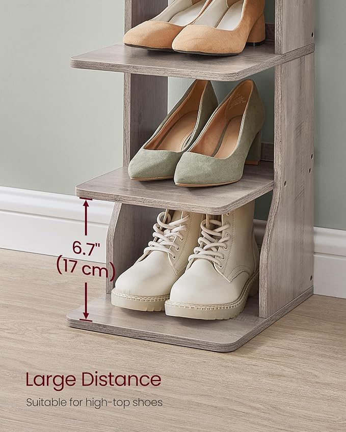 VASAGLE 7-Tier Vertical Shoe Rack, Narrow Shoe Storage Organizer with Hooks, Slim Corner Tower Shelf, Space-Saving for Entryway and Bedroom, Heather Greige ULBS200L01