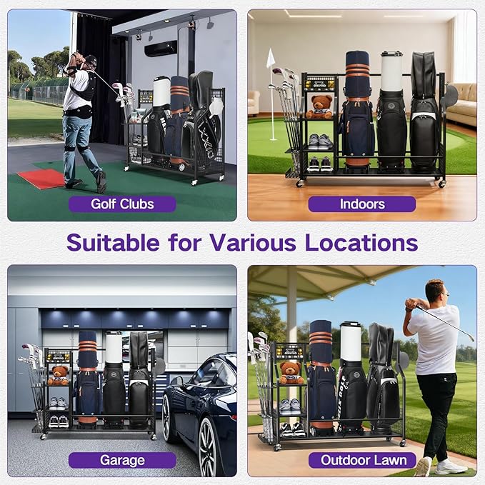 Golf Bag Storage Garage Organizer, Golf Bag Storage Stand and Other Golfing Equipment Accessories Rack, Golf Bag Storage Rack with Wheels, Golf Organizer for Home, Garage, Club, Shed, Basement