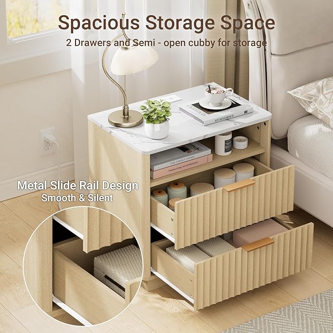 Large Fluted Night Stand with Charging Station, 23" Modern End Table with Faux Marble Top, 2 Drawers Nightstand with Storage, Side Table for Bedroom Living Room,Curved Profile(Natural Oak)