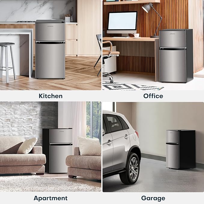 Upstreman 3.2 Cu.Ft Mini Fridge with Freezer, Double Door Mini Fridge, Adjustable Thermostat, Mini Refrigerator for Dorm, Office, Bedroom, Stainless-SD321
