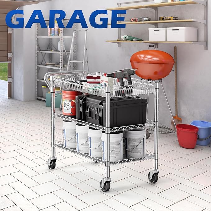 NTE Utility Cart with Wheels, 990lbs Capacity Metal 3 Tier Rolling Carts, NSF Kitchen Carts On Wheels with Storage, Heavy Duty Utility Cart with Handle & Wire Shelf for Indoor & Outdoor Use, Silver