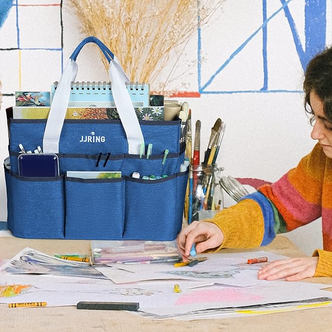 JJRING Craft Organizer Tote Bag, Large Art Storage Caddy with Multiple Pockets, Blue Sewing Bag for Art, Craft, Scrapbooking, Medical, and Office Supplies Storage
