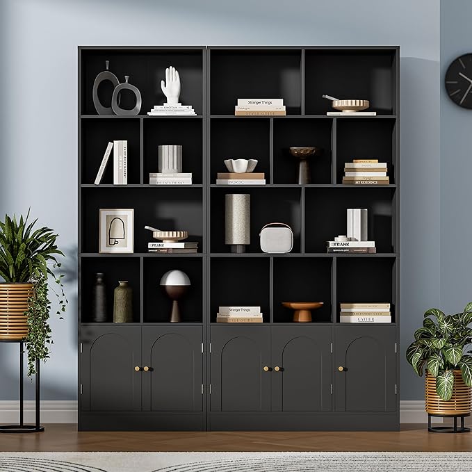 71" Tall Bookshelf with 10 Cubes and 3 Doors, 4-Tier Bookshelf, Open Shelf Bookcase with Cabinet, Modern Cube Storage Organizer for Living Room, and Office, Black
