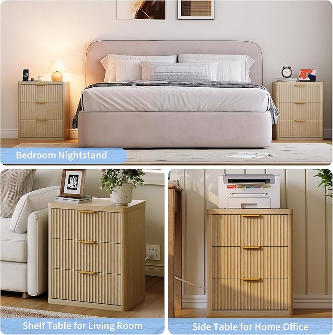 GarveeHome Fluted Nightstand with Charging Station, Bedside Table with 3 Drawers Storage Space, Metal Handles and Rounded Corners for Safety, Side Tables, End Table Bedroom, Living Room